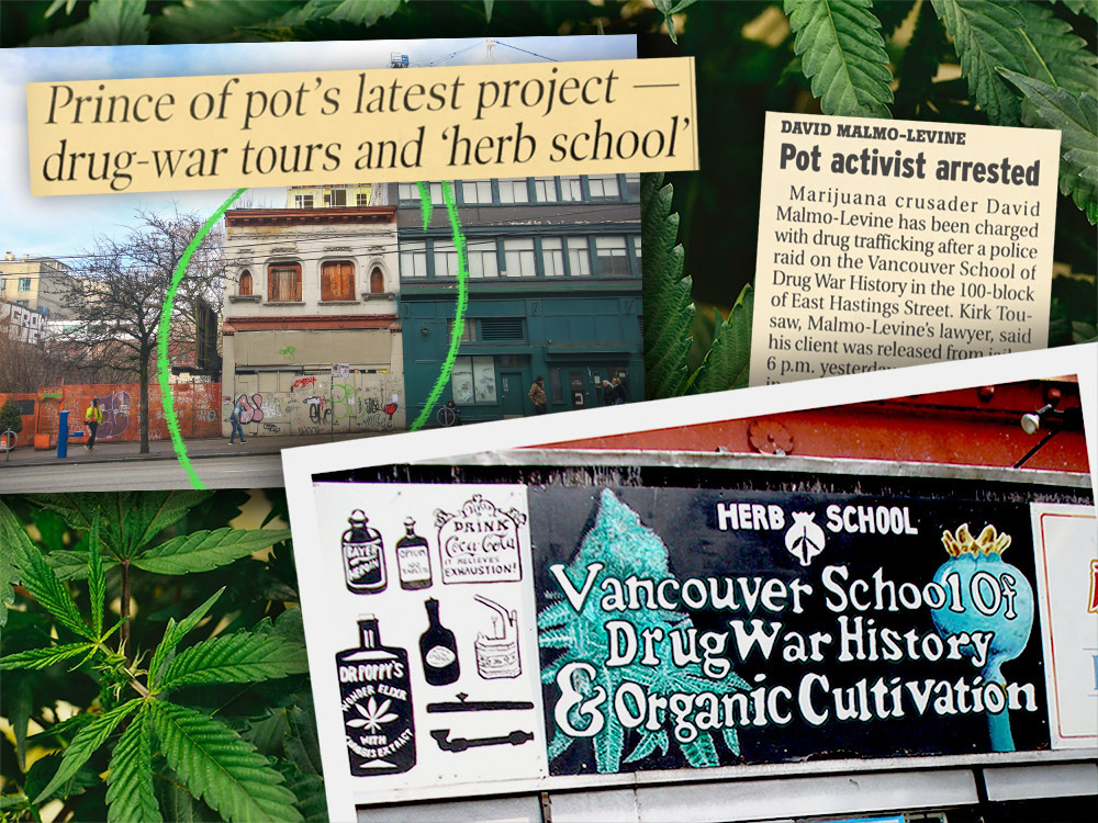 A collage shows the pot school building through the years: a black and white photo from its retail days, a colour photo from its pot school days, a contemporary colour photo of a boarded-up building.