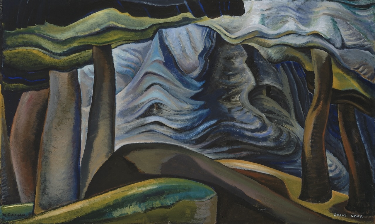 An oil painting depicts an abstracted forest in darkness against a swirling light grey and white background that suggests snow.