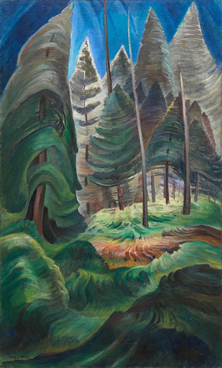 An oil painting of a vibrant evergreen forest against a bright blue sky.