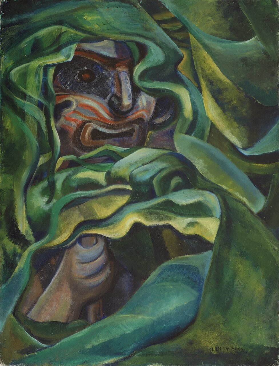 An abstract painting of trees in a forest depicts a creature in a mask, glaring from the mass of green growth.