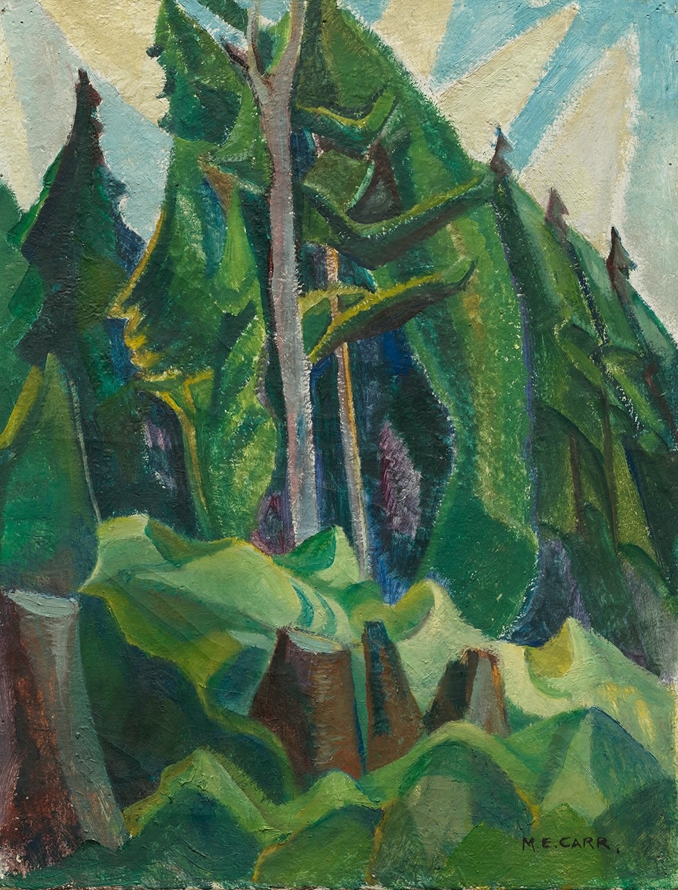 An oil painting depicts large evergreen trees foregrounded by bare stumps.