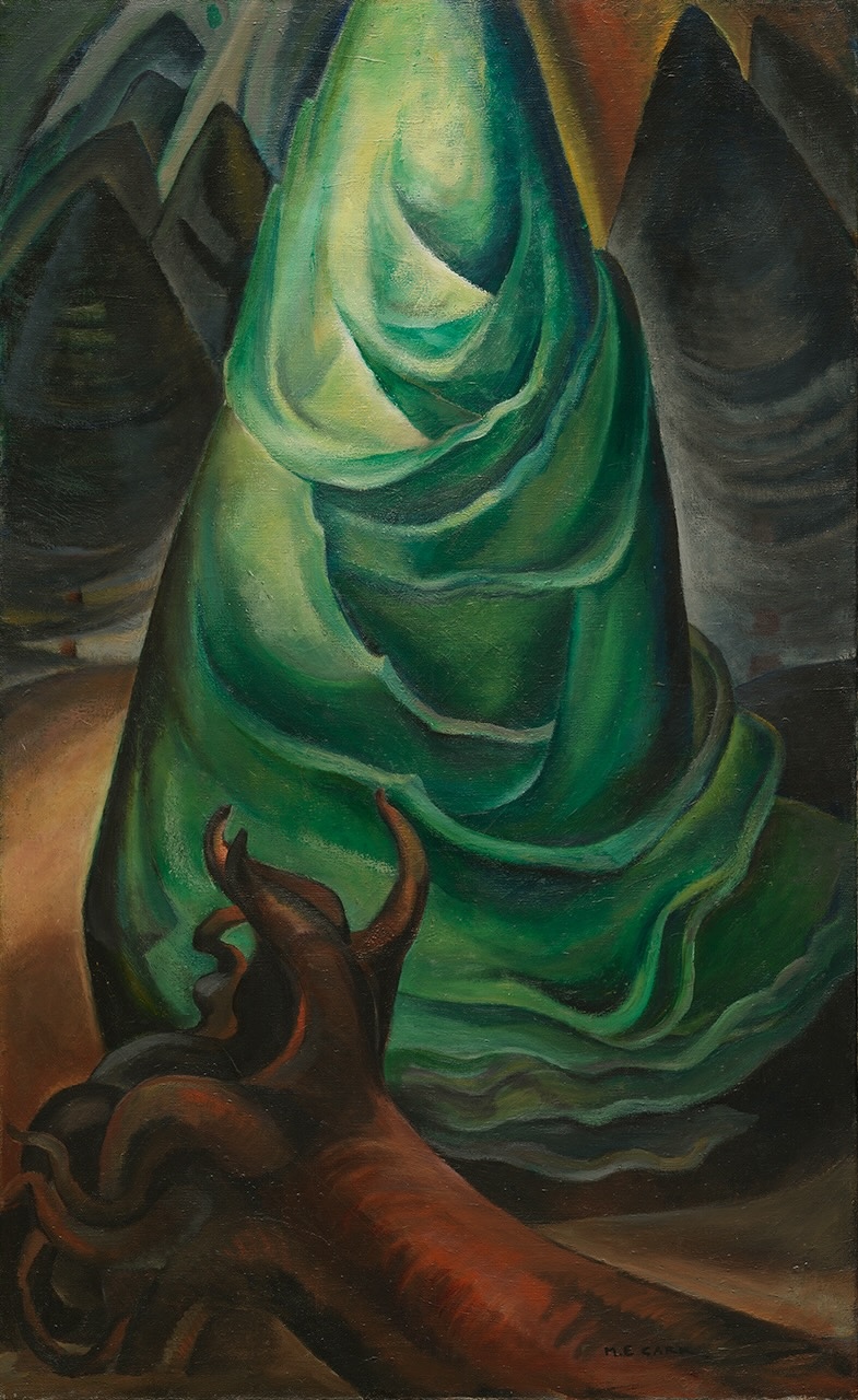 An oil painting of a green evergreen tree behind a fallen trunk with exposed roots. Other similarly shaped trees are in the background.