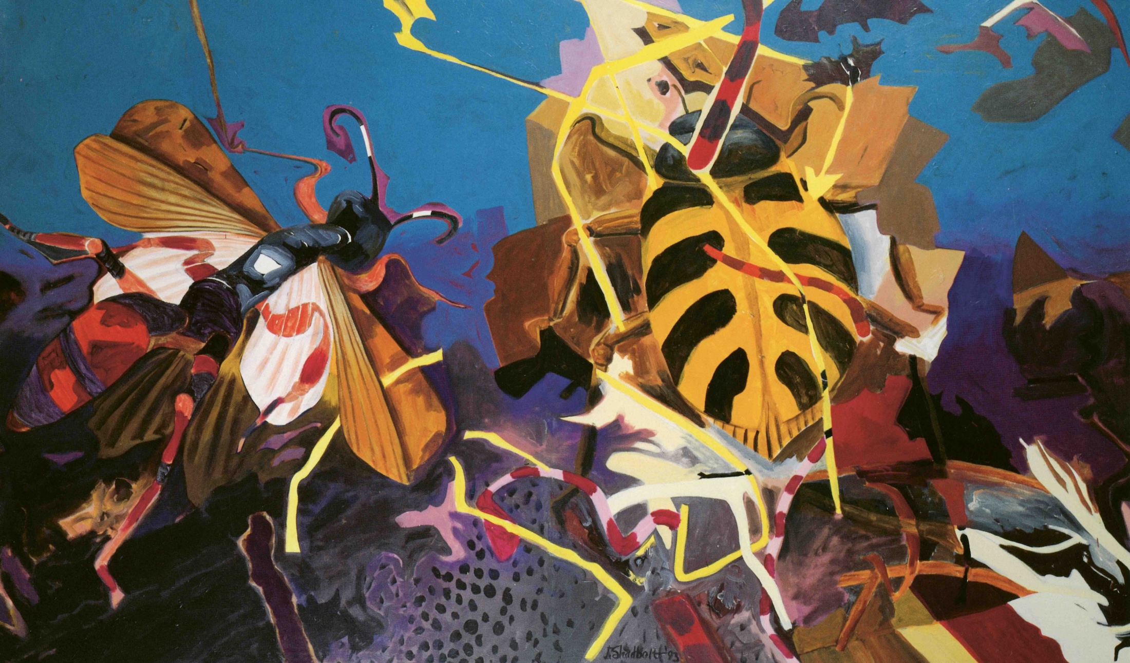 A vibrant painting features a butterfly on the left and a yellow beetle on the right, both abstracted by paint and a blue background.