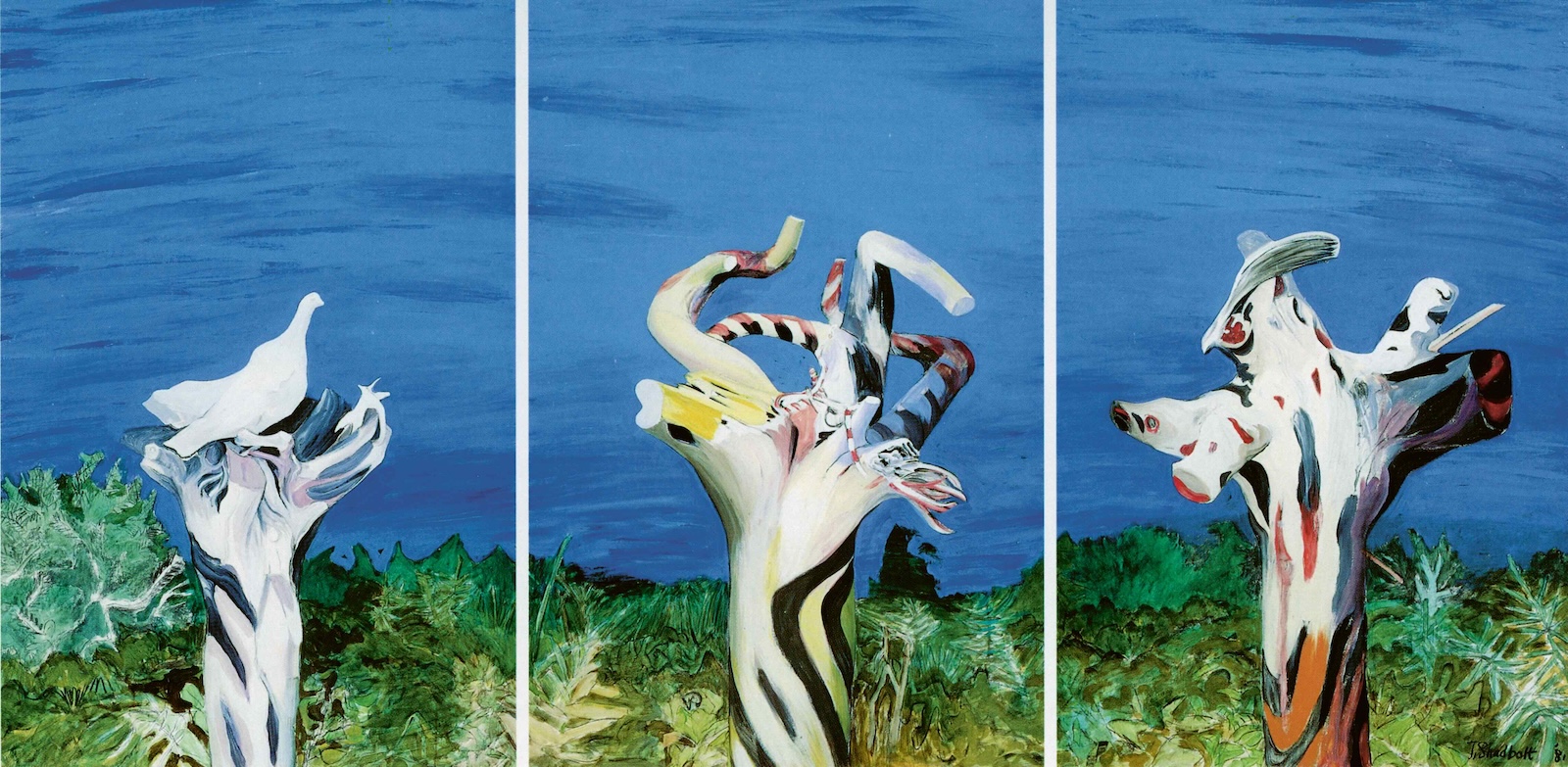A three-panel image features three paintings of abstract white tree stumps in different stages of growth against a vibrant blue background with lush green shrubbery.