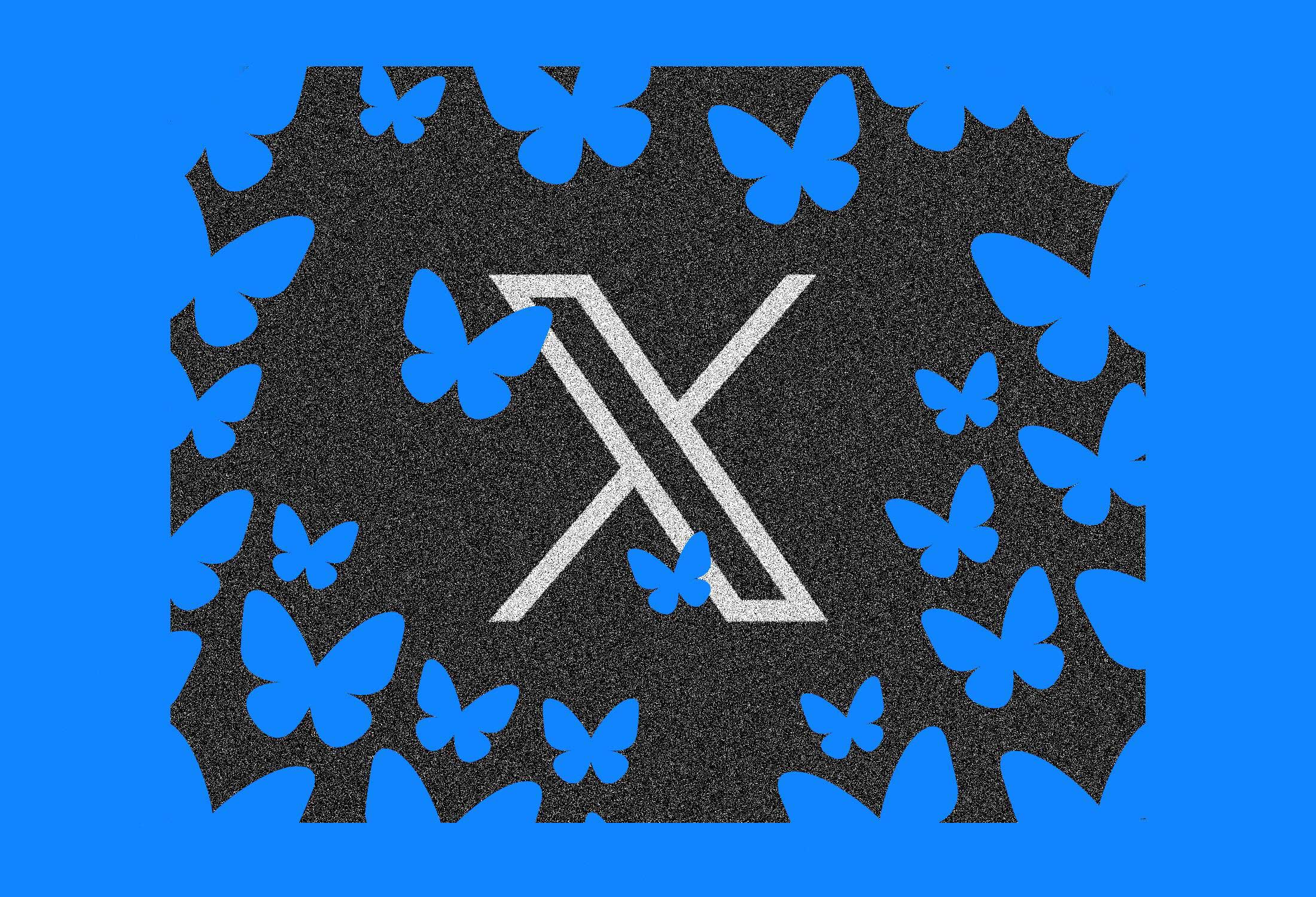 Twitter&rsquo;s X logo is in the centre of the frame, crowded out by an advancing wall of blue butterflies that border the logo and form a solid border around the image.