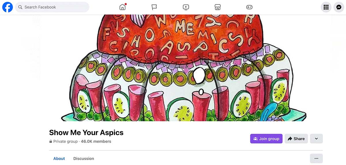 A screenshot from a Facebook group called "Show Me Your Aspics" features a colourful watercolour illustration of a red Jell-O salad featuring olives, sausages and cucumbers.