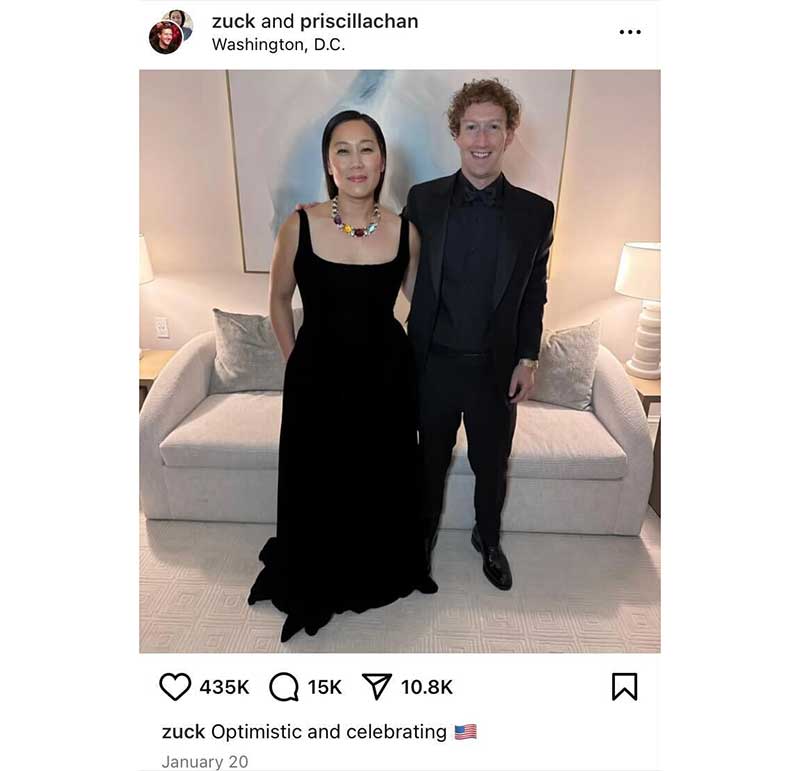 Priscilla Chan, left, has black hair and is wearing a black evening dress with a necklace studded with large colourful gems. To her right is Mark Zuckerberg in a black suit. He has red curly hair. They are standing in a hotel room in front of a taupe sofa.