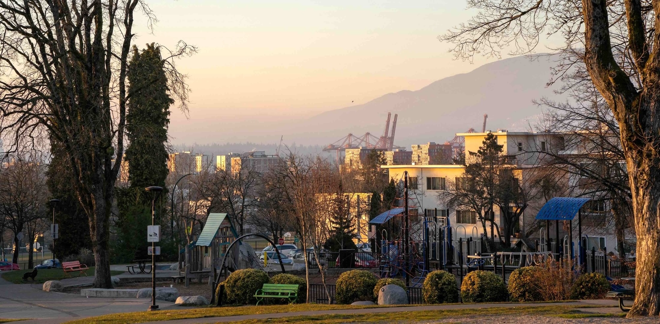 A view from the top of a hill in Grandview Park on a clear winter day shows a playground and an urban skyline with red industrial cranes in the background, behind a small stand of bare deciduous trees.