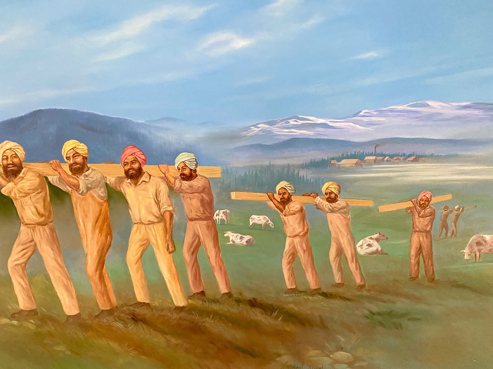 Nine men with beards and wearing variously coloured turbans carry lumber through an agricultural area. Five dairy cows lounge around.