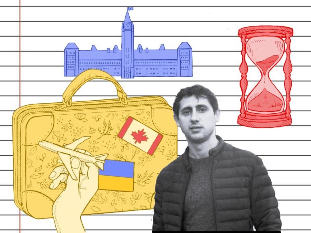 An illustration shows a photo of a mid-30s, light-skinned man wearing dark colours superimposed on a backdrop of immigration related scenes, including a suitcase with Canadian and Ukrainian flag stickers, a hand playing with a small airplane, the Centre Block on Canada’s Parliament Hill and an hourglass running out of time.