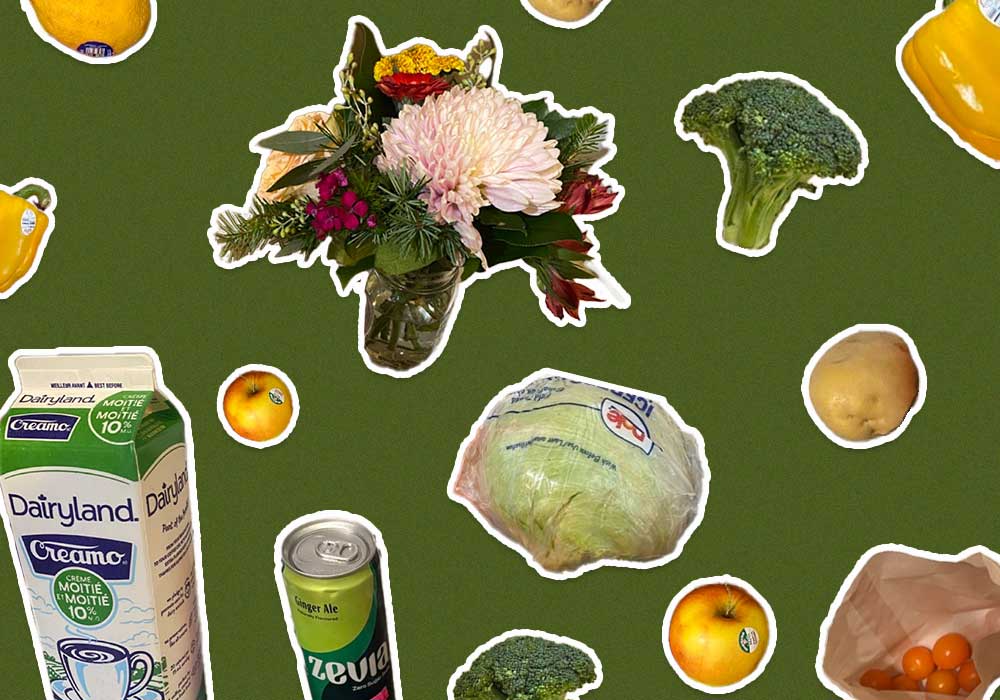 A photo collage against a broccoli-green background features a bouquet of flowers in a mason jar, apples, peppers, broccoli, and in the bottom row of the frame, a carton of half-and-half creamer, a can of ginger ale and a paper bag of cherry tomatoes.
