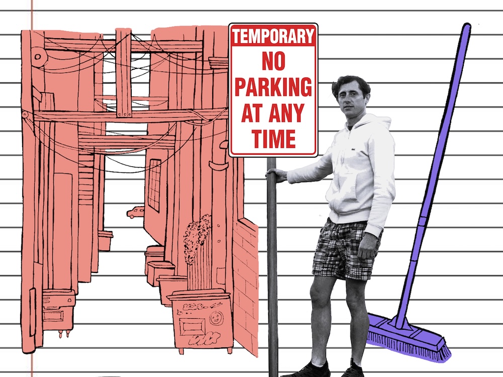 An illustration shows Yuriy Umansky, in black and white, standing in front of a sketch of a downtown alley, in pink, holding onto a street sign that reads "No Parking Any Time." There is a sketched purple broom behind him.