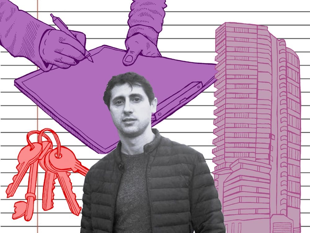 An illustration shows a photo of a mid-30s, light-skinned man wearing dark colours superimposed on a backdrop of housing-related scenes, including a highrise, a set of keys and hands signing a document on a clipboard.