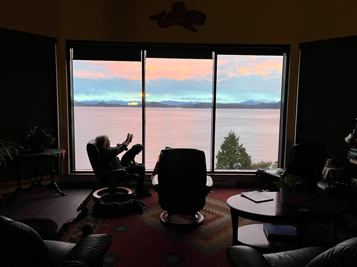 A woman sits in silhouette, gesturing towards her window. Through the window, Johnstone Strait is lit up at sunrise.