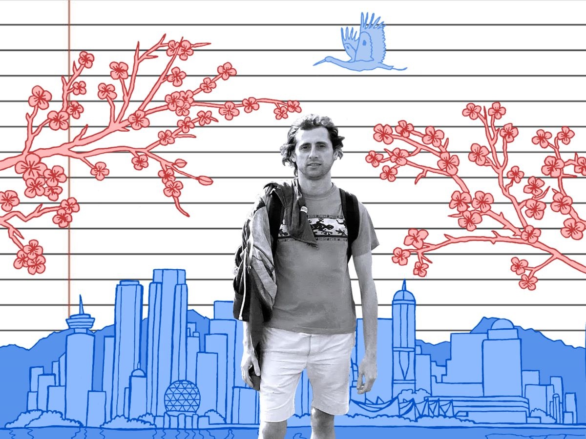 An illustration shows a photo of the author, in shorts and a T-shirt, and drawings of Vancouver’s skyline, trees in blossom and a flying heron.