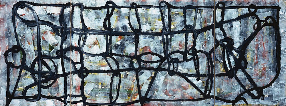 An abstract piece of mixed-media art on a wide horizontal canvas features non-linear black lines against a textured light blue background.