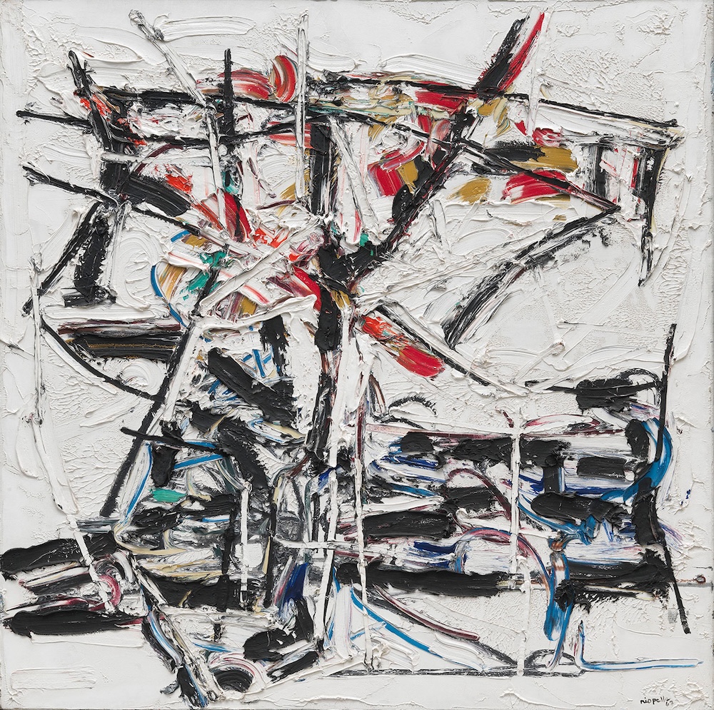 An abstract oil painting features thick black, red, blue and green brushstrokes against a textured white background.