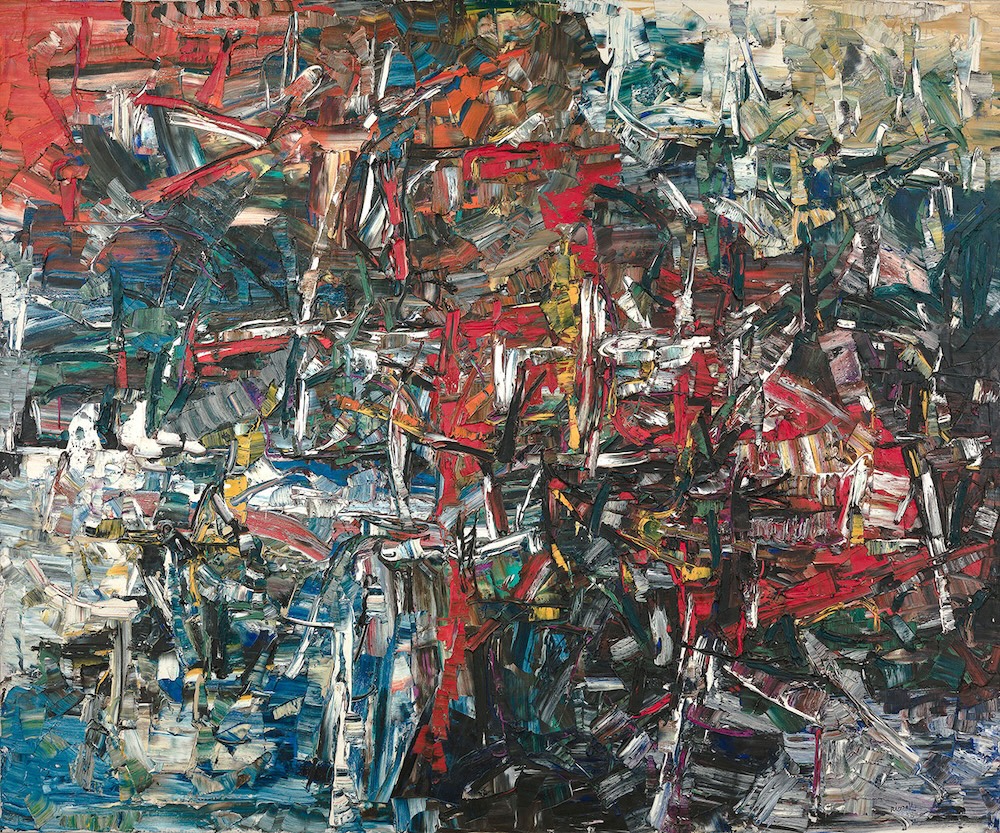 An abstract oil painting deploys thick brushstrokes and features red, blue and white paints.