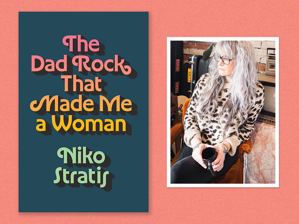On the left, the colourful cover of ‘The Dad Rock that Made Me a Woman.’ The title is written in colourful vintage script. On the right, an author photo of Niko Stratis. She has long blonde hair, light skin tone, and is wearing black-framed glasses and a leopard-print sweater and holding a black coffee mug.