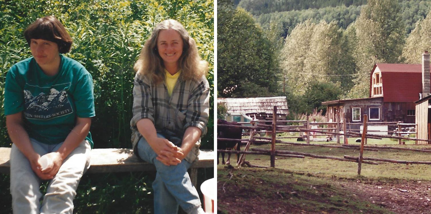 In the photo on the left, two women sit on a wooden bench outdoors with greenery behind. On the right is a photo of a rustic house with a red roof and fenced paddock with a cow in the foreground.