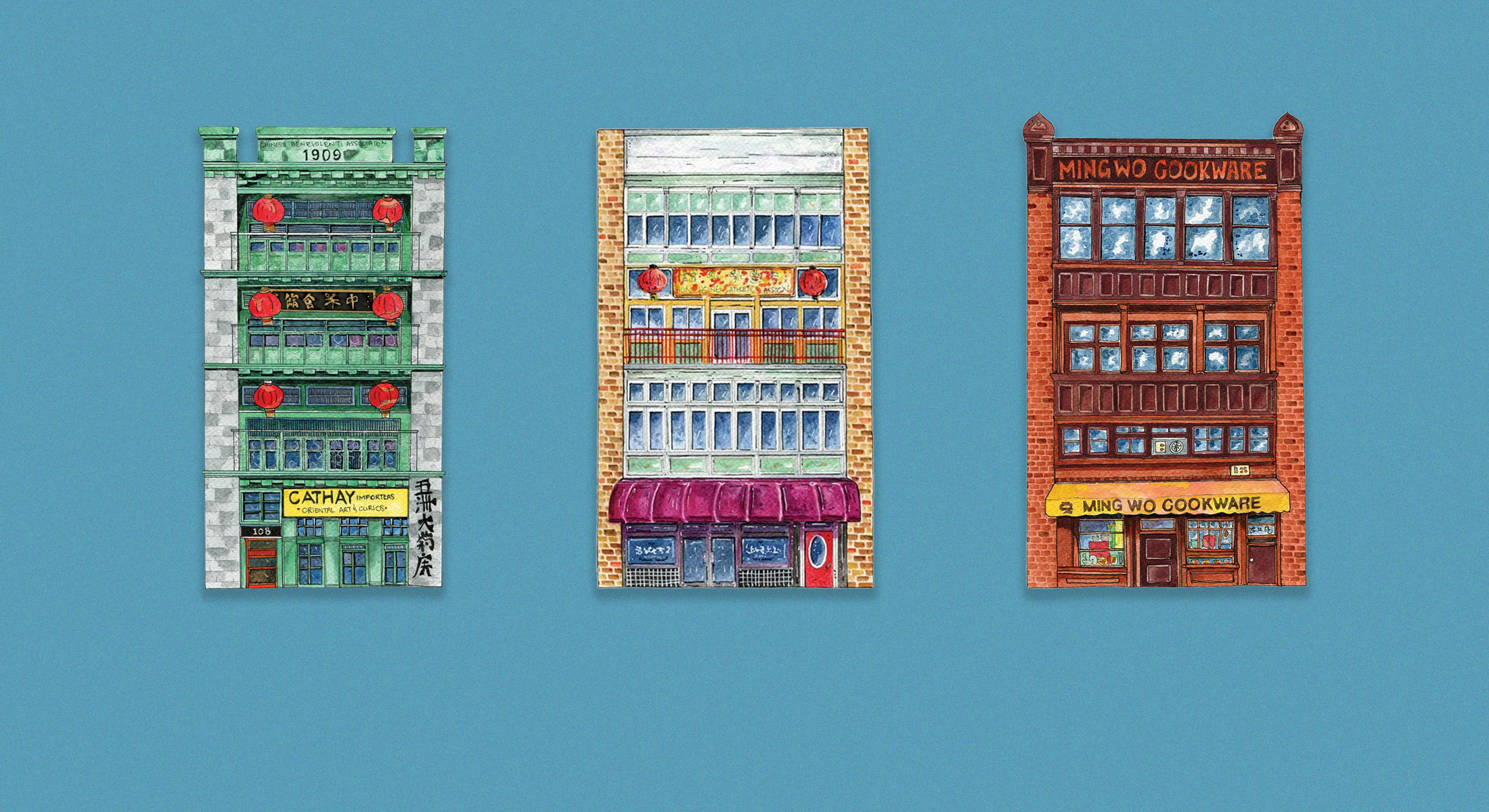 Illustrations of three tall, colourful historic buildings from Vancouver’s Chinatown are painted in watercolour. They are standing next to each other across a light teal background.