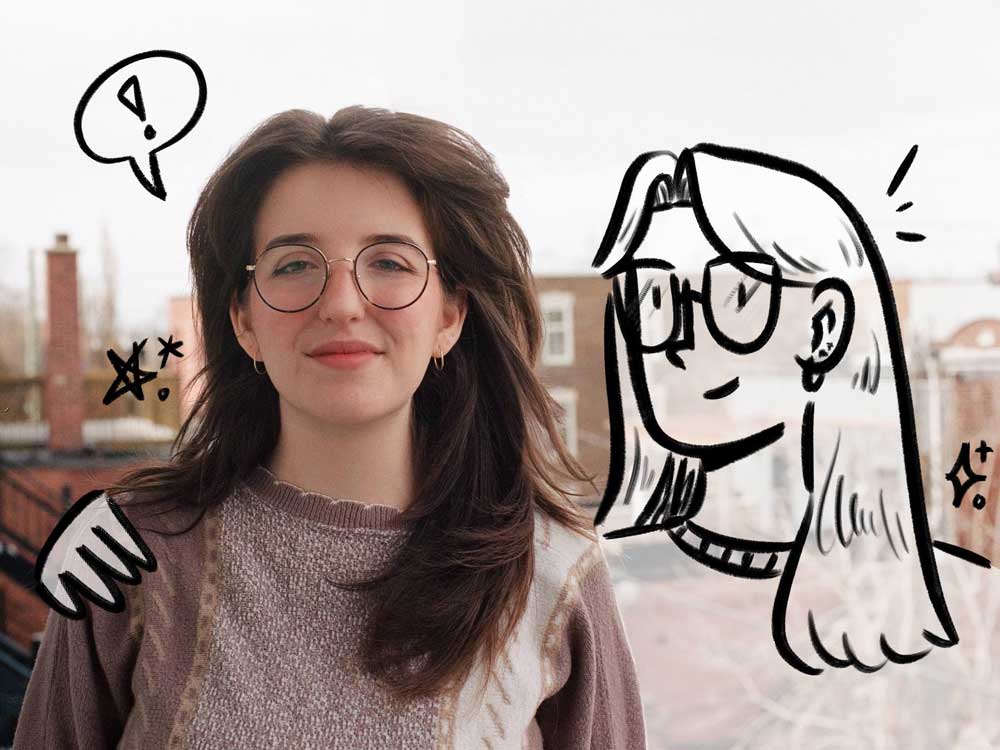 To the left, a light-skin toned woman with long hair, rounded glasses and a purple, grey and white sweater looks at the camera. To the right, a smiling illustration of the woman to the left.