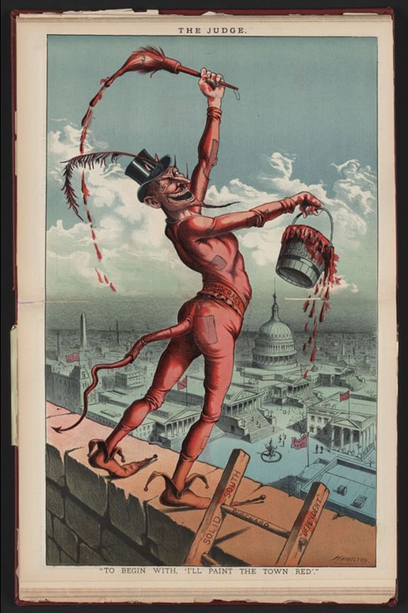 A comic image of a red figure in a top hat representing the devil holding a bucket of red paint and a sopping paintbrush aloft. In the background are several buildings and monuments that can be found in Washington D.C., such as the Capitol, the White House and the Washington Monument.