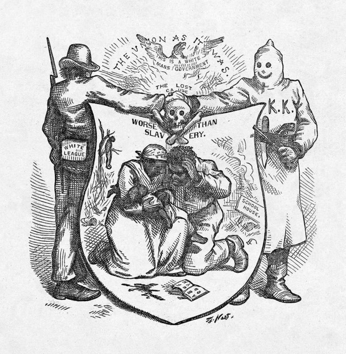A comic image showing two figures, an armed suited man labelled “White League” and a hooded smiling person labelled “KKK,” shaking hands over a couple of cowering Black people.