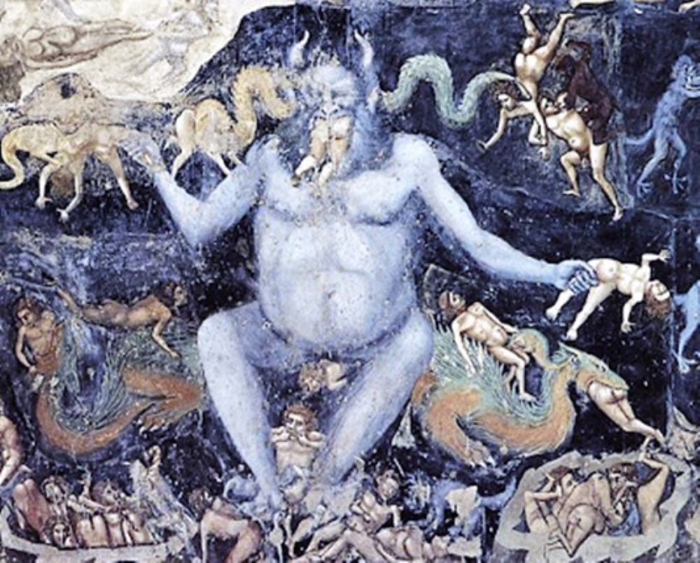 A fresco depicting Satan as a blue, horned and bearded naked man devouring people and defecating them. Behind him are dragon-like creatures that are also devouring people and defecating them.