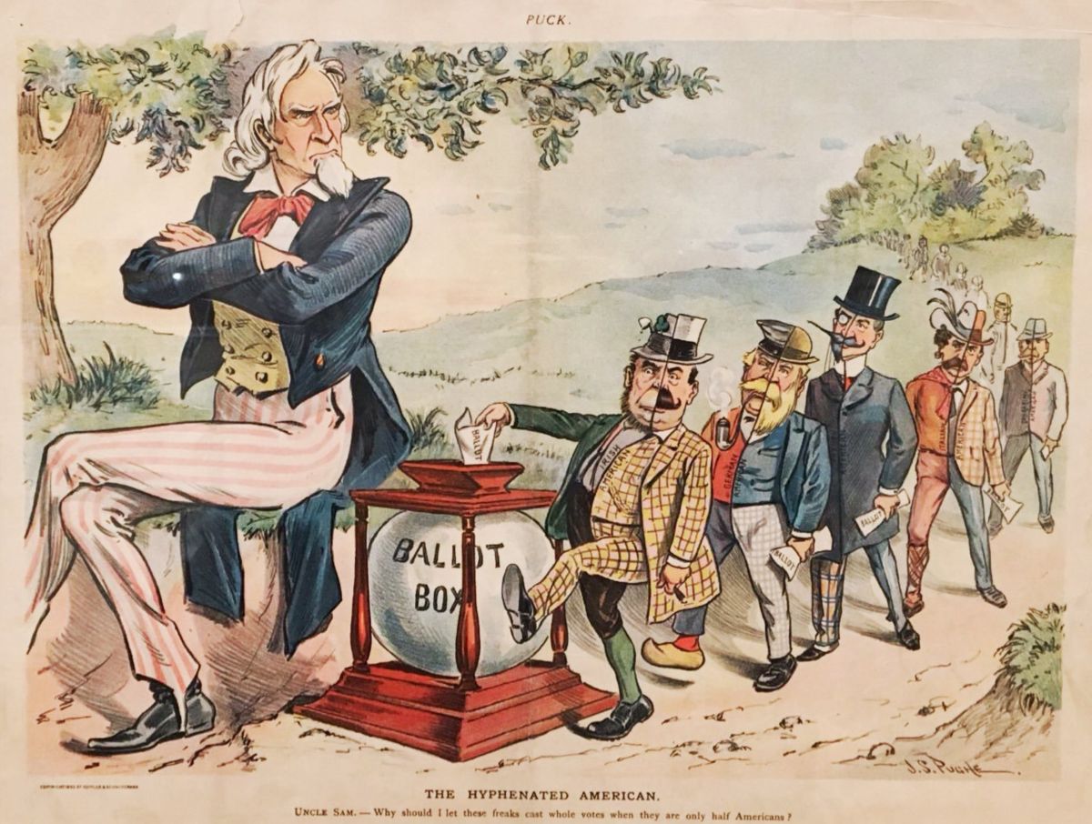 A comic image showing a disapproving Uncle Sam watching as a long line of people, who are split down the middle with different identities on each side, cast votes into a red ballot box.
