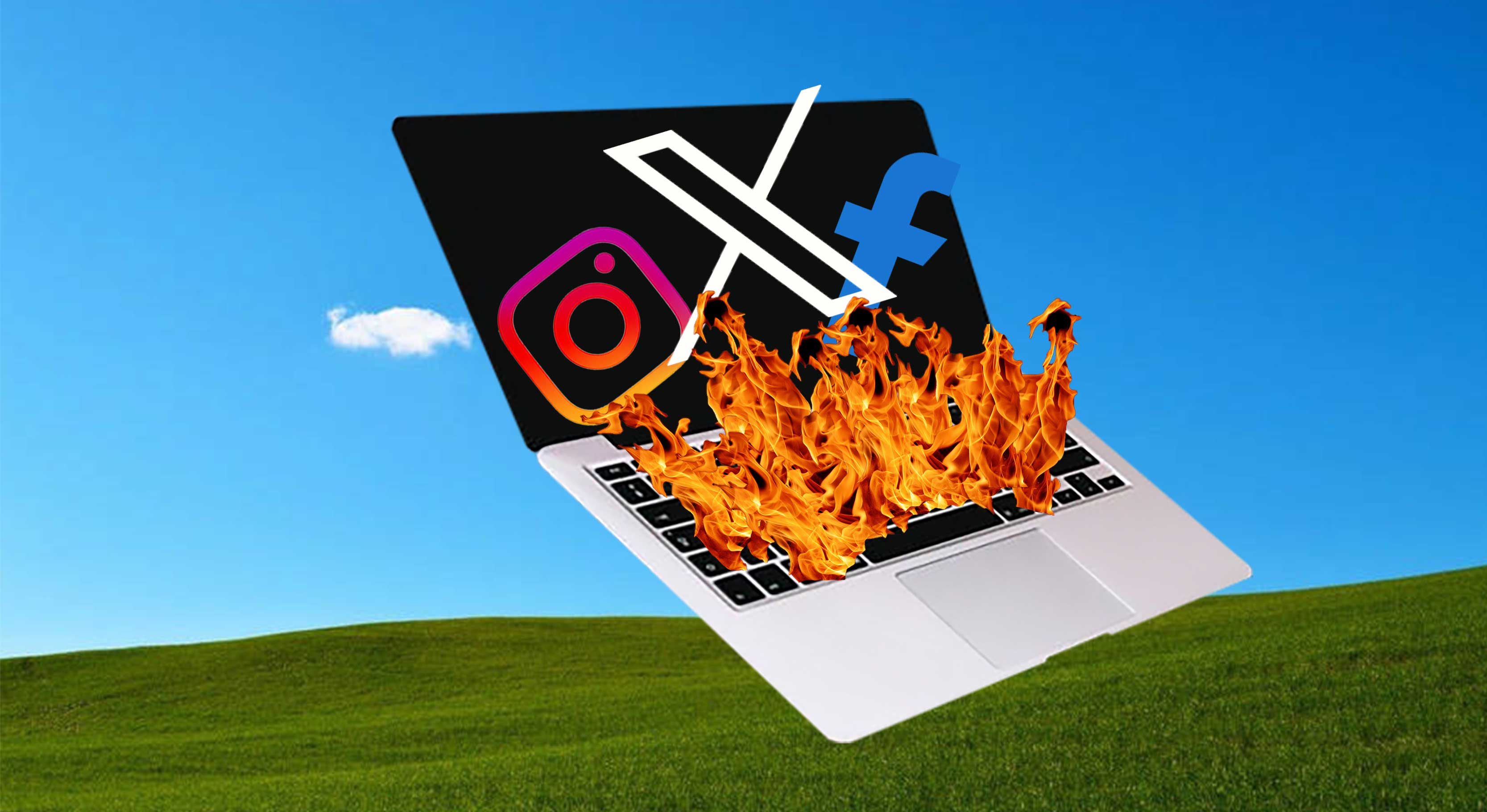 A digital collage features a laptop with its keyboard aflame. On the screen are the logos for X, Facebook and Instagram. The laptop floats above an expanse of digital grass against a blue sky. 