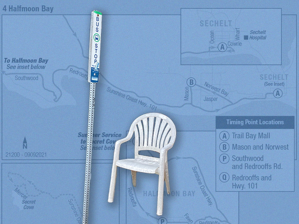 The background shows a transparent blue layer over a lower Sunshine Coast bus route. In the foreground, a bus stop pole next to a weathered white lawn chair.