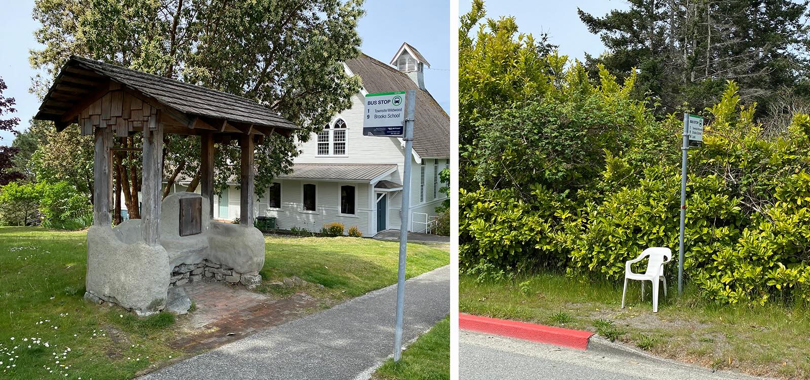 A two-panel image features, at left, a cob shelter featuring seating under a brown shingled roof near a walkway featuring a bus stop. On the right, a white plastic lawn chair stands next to a bus stop pole in the grass against shrubbery.