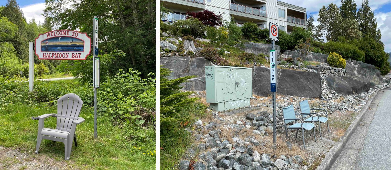 Two-panel image features, at left, a grey plastic lawn chair next to a bus stop pole in front of a sign that says &ldquo;Welcome to Halfmoon Bay.&rdquo; At right, two light blue chairs are arranged next to a bus stop in a rocky area next to the road.
