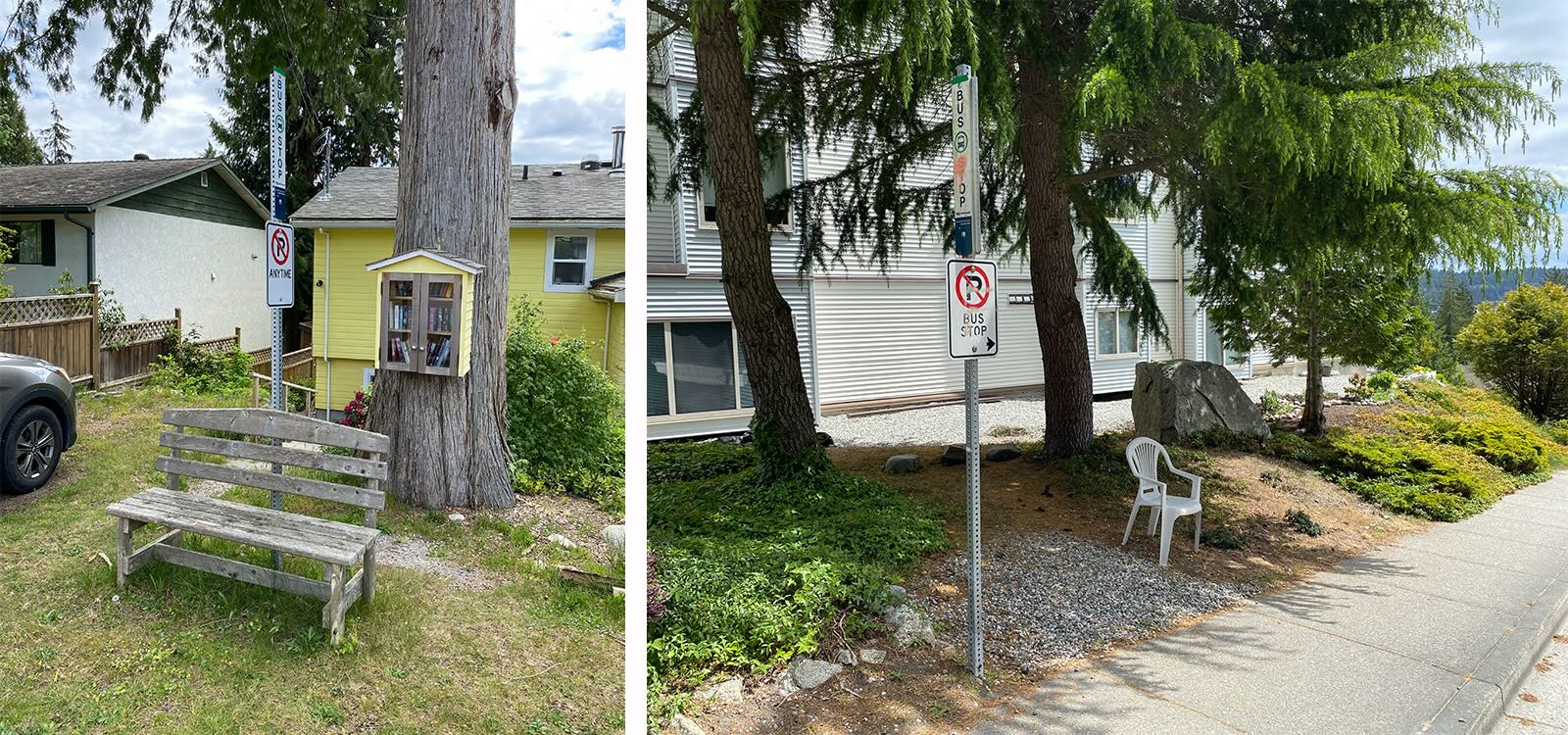 A two-panel image features a small green bench against a bus stop pole. Behind it, a small yellow cabinet is affixed to the trunk of a tree. It is a &ldquo;little free library&rdquo; where community members can offer books or take them for free. On the right, a plastic chair is in the shade of a coniferous tree near a bus stop pole.
