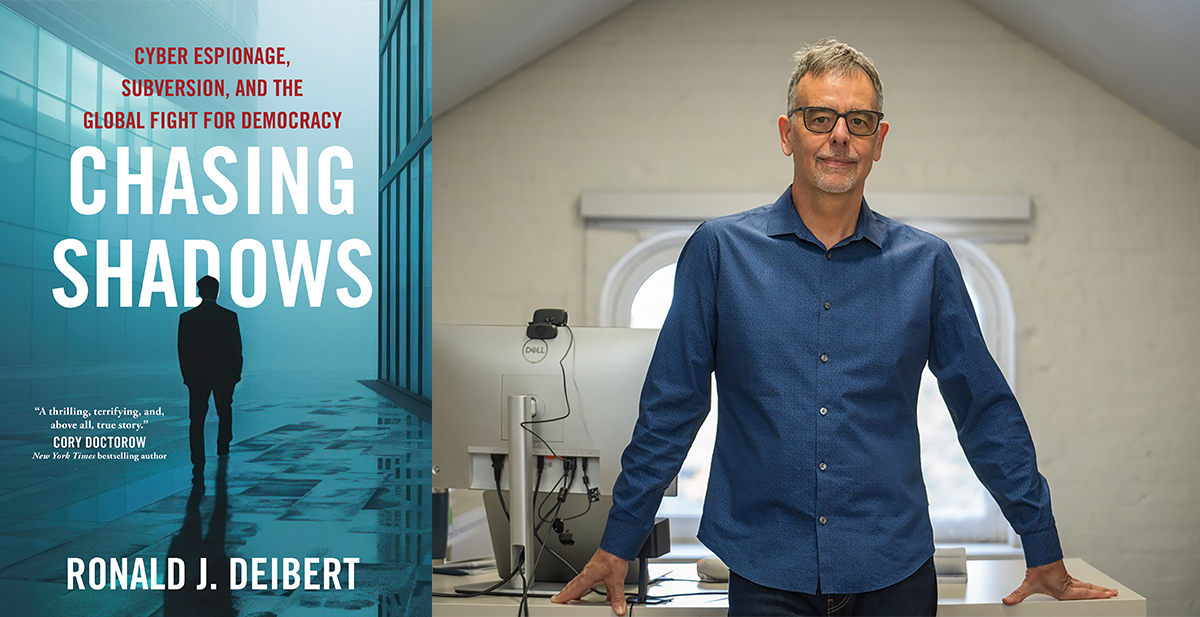 A diptych shows the cover of ‘Chasing Shadows’ on the left and an author photo of Ronald Deibert, a middle-aged man with light skin tone, short brown hair, glasses and a blue shirt, in an office, on the right.