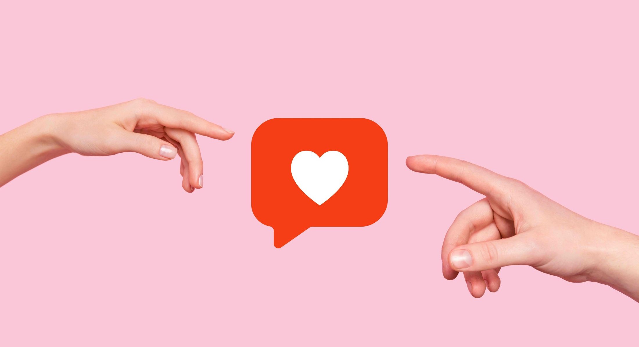 A digital illustration features two hands reaching for each other, with a white-coloured heart within a pink speech bubble between them, against a lilac background.