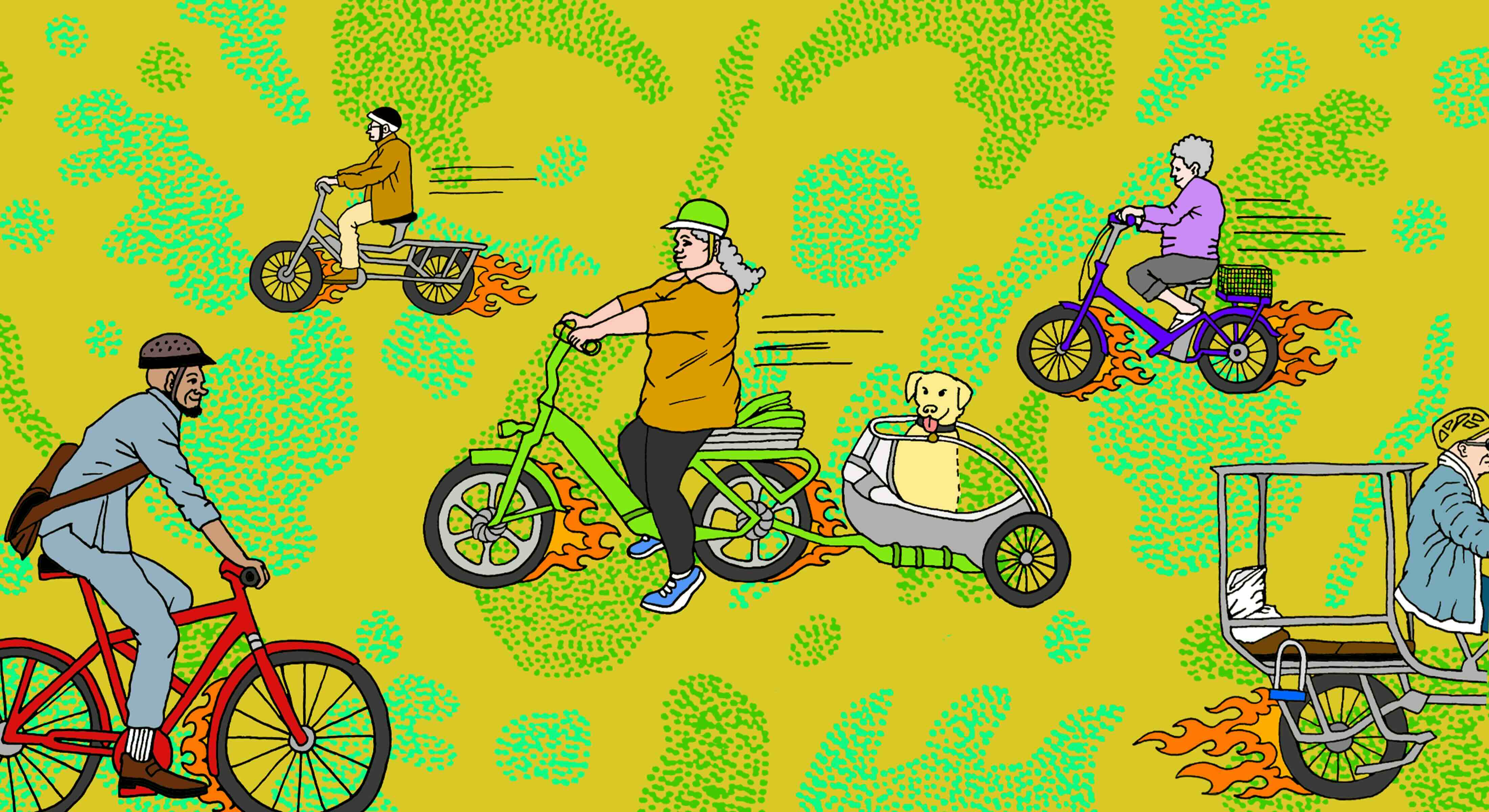 A digital illustration features several older adults riding electric bicycles in different horizontal directions across the frame against a mustard yellow and green background.