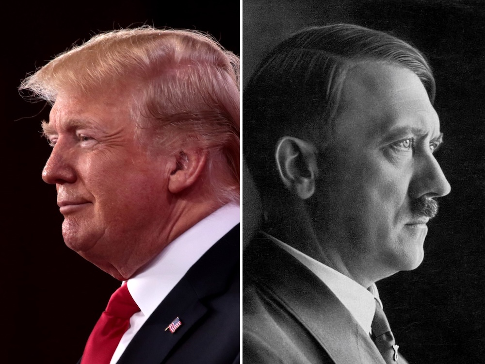 A diptych shows, from left, Donald Trump seen in profile looking left in a well-lit colour portrait, and Adolf Hitler seen in profile looking right in a well-lit black and white portrait.