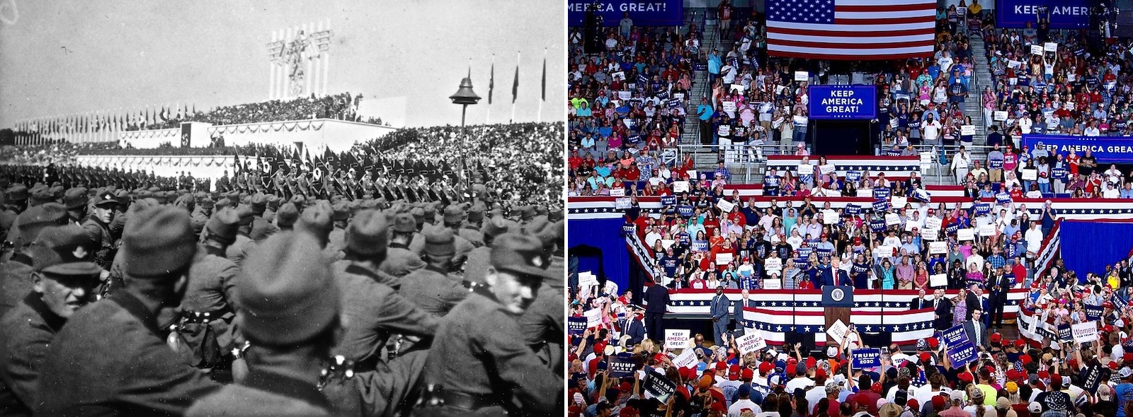 On the left, an old black and white photo of a Nazi rally shows a sea of soldiers in uniform. On the right, a colour photo of a Trump rally, with Trump small in the centre under a ‘Keep America Great!’ sign.