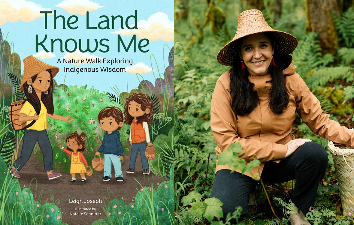 On the left, the cover of ‘The Land Knows Me.’ On the right, an author photo of Leigh Joseph. She is crouching and wearing a woven, fluted cedar hat. She has medium-light skin tone and long dark hair.