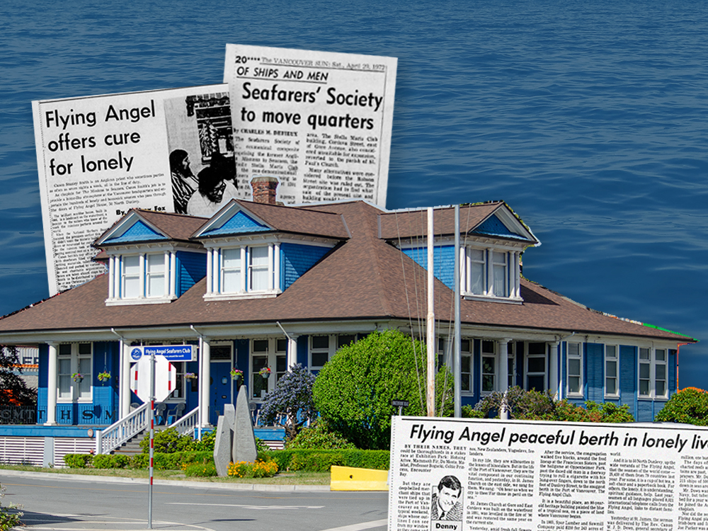 A blue two-storey house with gables. Behind the house, newspaper clippings read, &lsquo;Flying Angels Offers Cure for Loneliness&rsquo; and &lsquo;Seafarers&rsquo; society to move quarters.&rsquo;