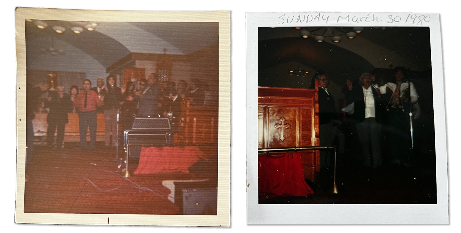 Two polaroids of praying congregants. The polaroid on the right is labelled &lsquo;SUNDAY March 30, 1980.&rsquo;