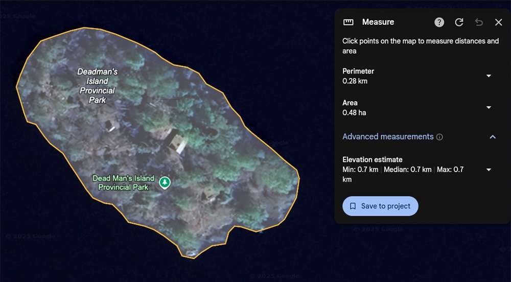 A satellite image of an island outlined in yellow and showing a sidebar, labelled with an area of 0.48 hectares.