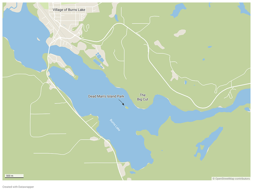 A map shows the Village of Burns Lake in the top right-hand corner. The centre of the map shows Burns Lake and there is a small island labelled Dead Man&rsquo;s Island. Near the island, on the shore, is a promontory labelled the Big Cut.