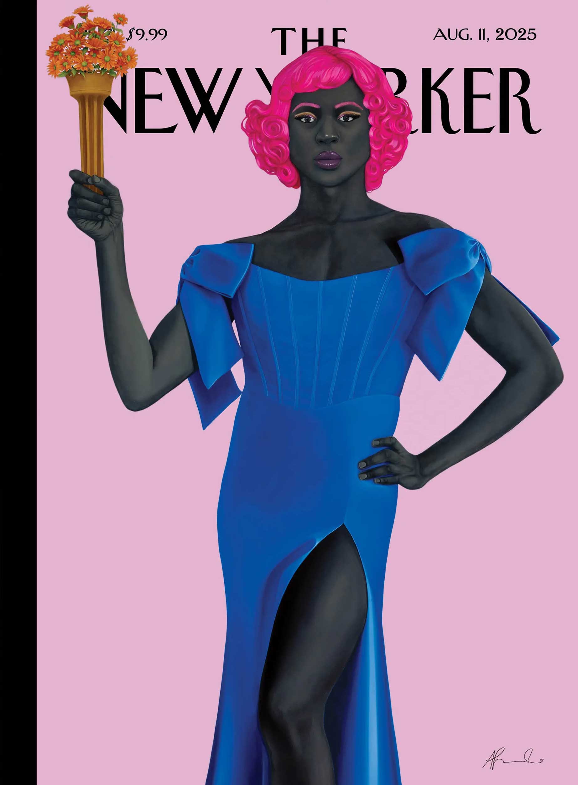 The cover of the Aug. 11 issue of the New Yorker magazine features a contemporary painting of a person with dark skin, a blue dress and pink hair holding a golden torch full of flowers.