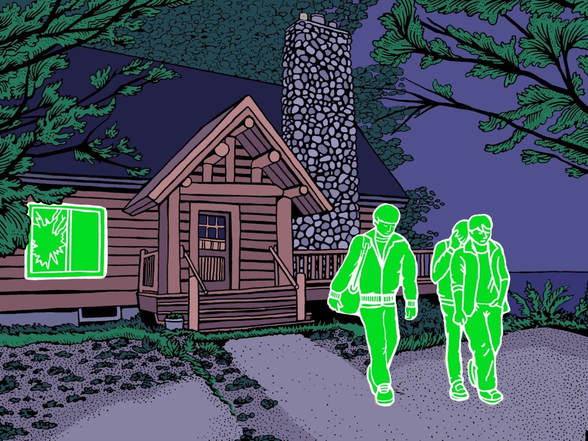 An illustration shows three all-green teenagers walking away from a rustic cottage with a broken all-green window at night.