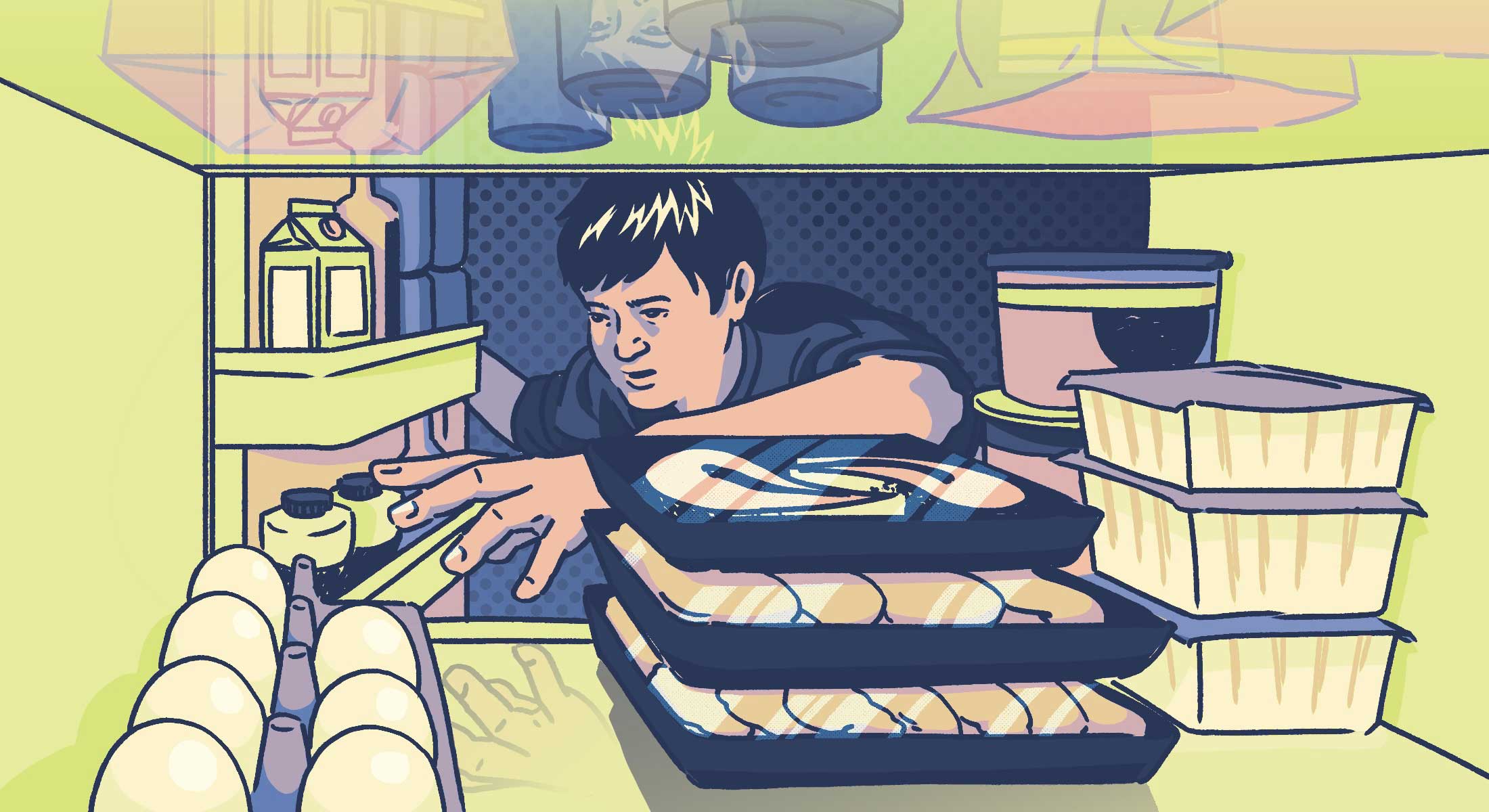 A digital illustration using a light green, purple and pink colour palette depicts a person reaching into their refrigerator at home. The perspective of the illustration is taken from the back of the fridge looking out to the person. They have short dark hair and a T-shirt, and they are reaching for eggs to the left of the frame. The main shelf in the fridge is stocked with packages of salmon, chicken breasts and tofu.
