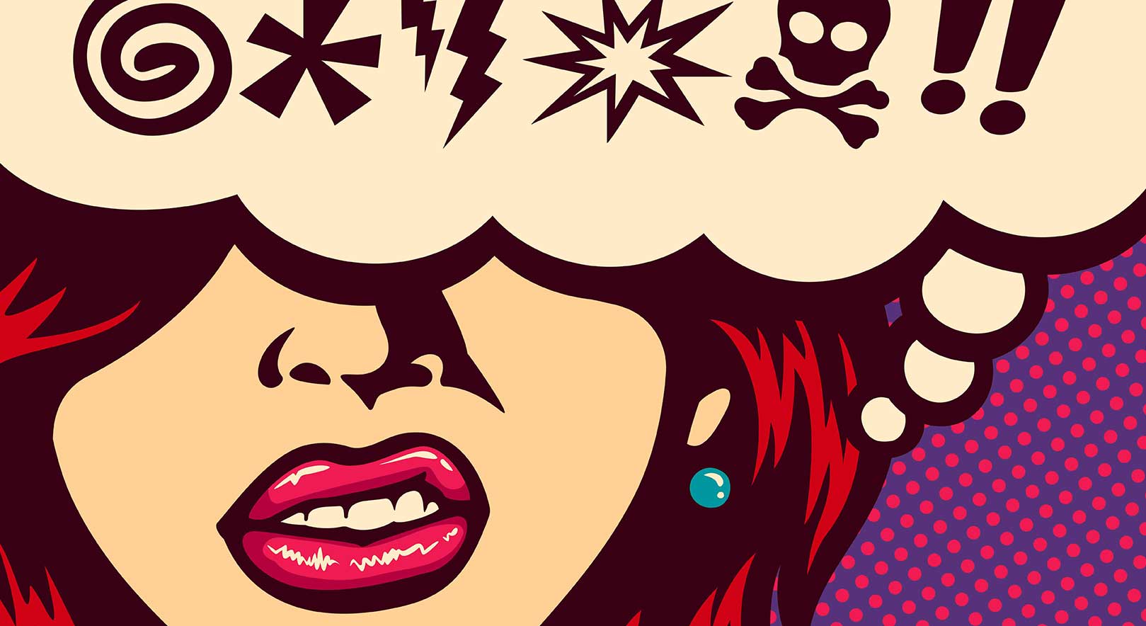 A digital illustration in a pop-art style features a woman with short red hair and red lipstick scowling under a cartoon thought bubble full of expletives.