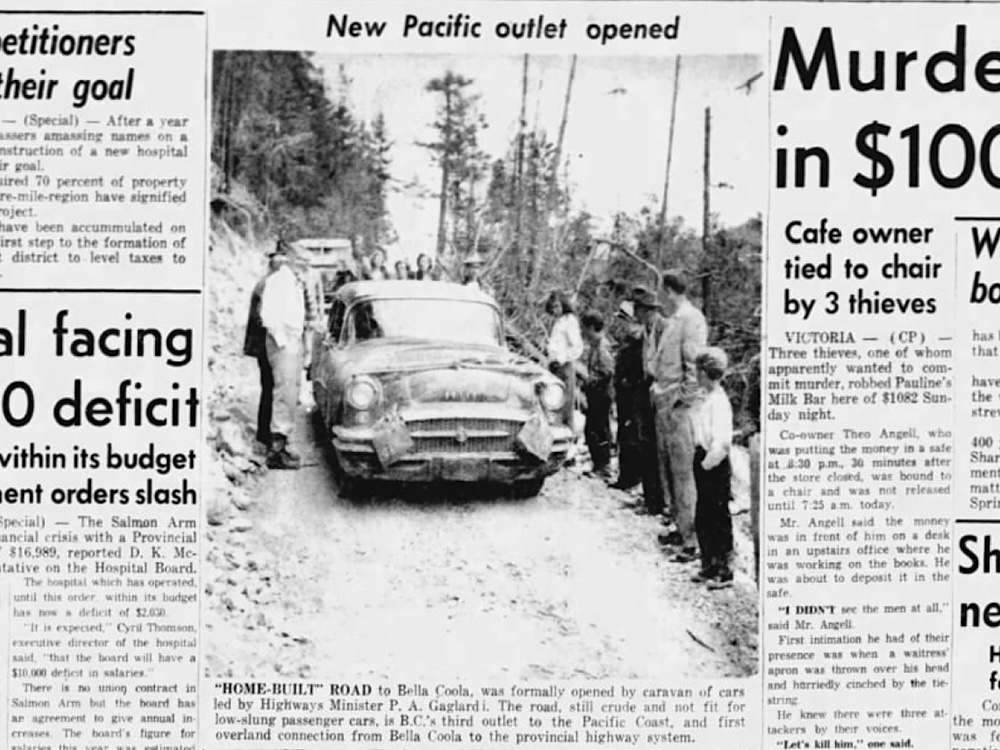 An old newspaper clipping with the headline &lsquo;New Pacific Outlet Opened&rsquo; shows a black and white image of an older-model vehicle on a rough, narrow road flanked by people.